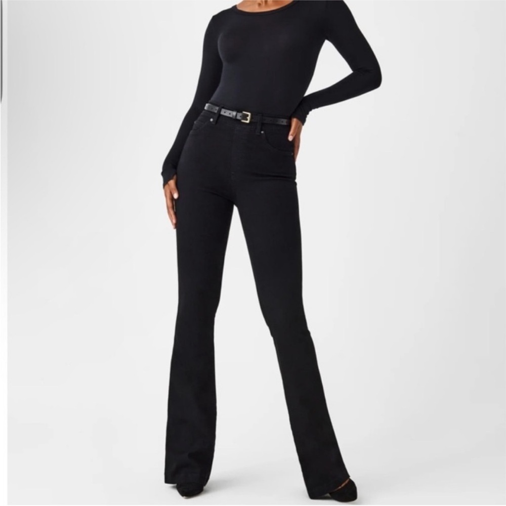 SPANX flared leg black denim pull on pants high rise tummy control size medium